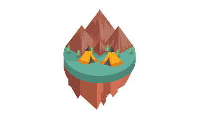 Natural with mountains and tourists setting up tents.on white background.3D design.isometric vector design Illustration.