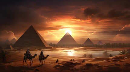 Beautiful perspective over the pyramids in Egypt before a sunset. The desert can be seen in the background