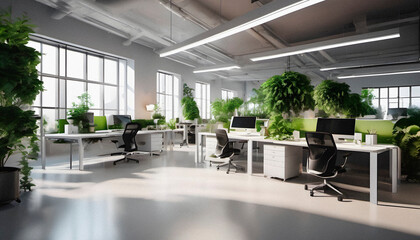 Modern coworking office interior with furniture and equipment and plants. AI generated.
