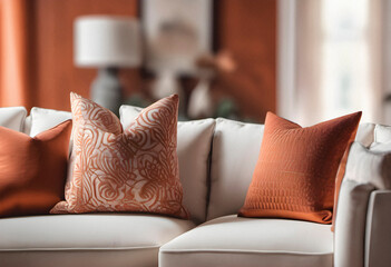 Pillows on sofa in living room in orange and creamy colors. AI generated.