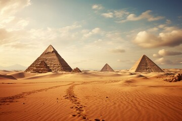 Fototapeta na wymiar African desert with iconic pyramids. Generative AI