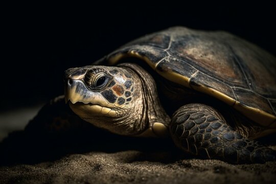 A turtle resting on sand at night, head turned and eyes open. Generative AI