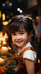 A cheerful child with bright eyes and a warm smile, illuminated by soft lights