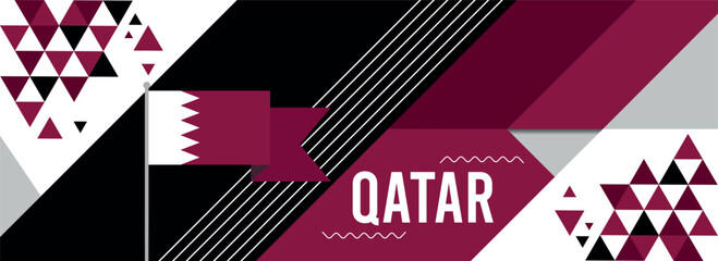  Qatar national or independence day banner design for country celebration. Flag of Qatar with modern retro design and abstract geometric icons. Vector illustration.