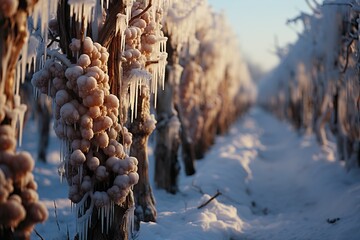 Wintry vineyard with grapes encased in snow and ice, leading to a snowy horizon