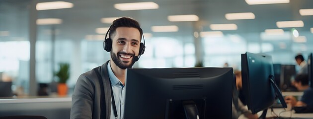 Young man smiling working in office of call center, AI generative.