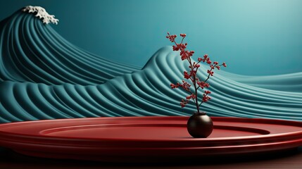 An abstract representation of a gentle ocean wave beside a vase of red blossoms set on a red tray.