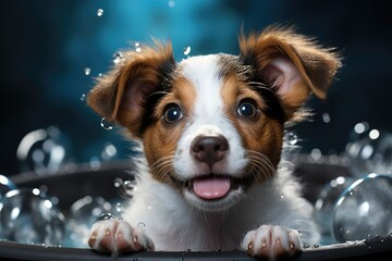 Funny puppy Papillon in a bath with water drops on a blue background