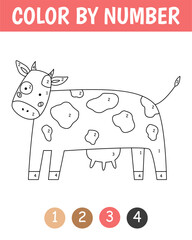 Color by number game for kids. Childish cute Brown cow. Farm coloring page. Printable worksheet with solution for school and preschool. Learning numbers activity.