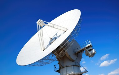 A satellite dish against a clear blue sky