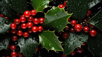 Vivid red holly berries surrounded by dark green leaves, all adorned with water droplets