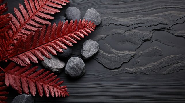 Vivid red fern leaves beautifully arranged beside smooth grey zen stones on a textured slate