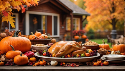 Thanksgiving dinner background with turkey and all sides dishes, pumpkin pie, fall leaves and seasonal autumnal decor on wooden. blur background of the garden behind the house.