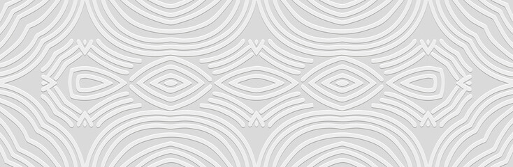 Banner, elegant cover design. Embossed ethnic tribal geometric 3D pattern on white background. Handmade, minimalism, boho. Motifs of the East, Asia, India, Mexico, Aztec, Peru in vintage style.