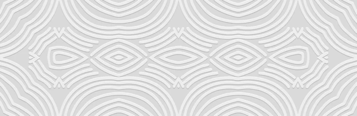Tuinposter Boho Banner, elegant cover design. Embossed ethnic tribal geometric 3D pattern on white background. Handmade, minimalism, boho. Motifs of the East, Asia, India, Mexico, Aztec, Peru in vintage style.