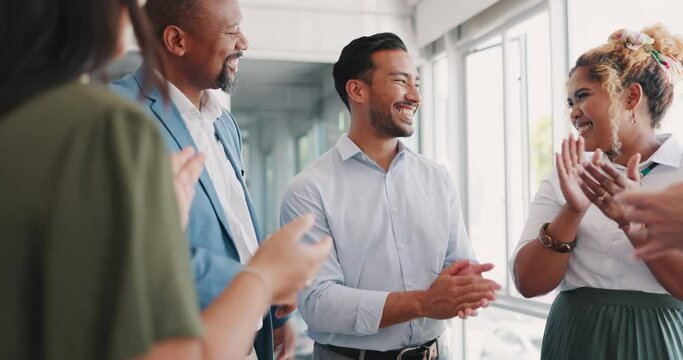 Business people, applause and congratulations for employee promotion, celebration or sale at the office. Happy corporate staff clapping for company growth, collaboration or teamwork at the workplace