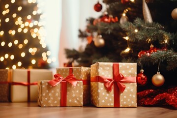 Fototapeta na wymiar Christmas gift boxes on floor near fir tree in room. AI Generated