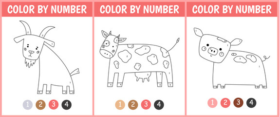Set color by number game for kids. Cute goat, cow and pig. Farm coloring page. Printable worksheet with solution for school and preschool. Learning numbers activity.