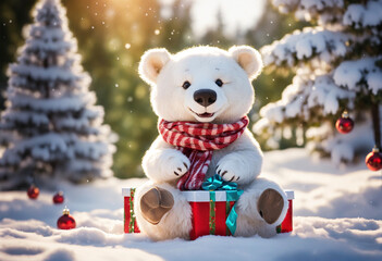 Festive Teddy Bear Delivers a Gift in Snowy Woodland