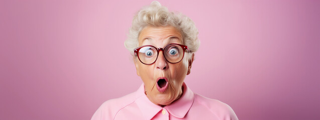 Studio portrait of elderly granny wearing glasses, pink background, shocked and surprised expression - obrazy, fototapety, plakaty