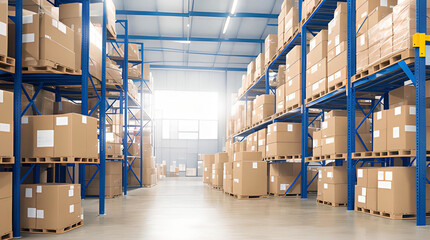 Warehouse with boxes.  Logistics and transportation blurred background. Product distribution centre. Sunshine