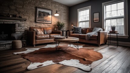 Fototapeta premium Living room decor, home interior design . Rustic Industrial style with Stone Fireplace decorated with Leather and Metal material . Generative AI AIG26.