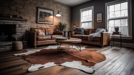 Fotobehang Living room decor, home interior design . Rustic Industrial style with Stone Fireplace decorated with Leather and Metal material . Generative AI AIG26. © Summit Art Creations