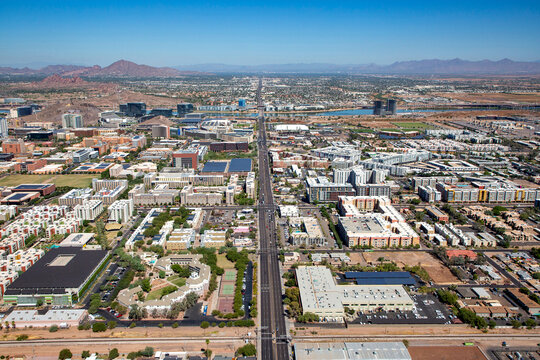 Aerial view south to north up Rural Road from above Broadway Road in Tempe, Arizona