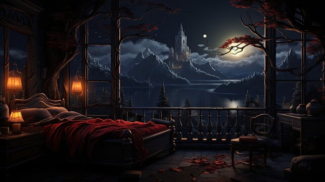 Fairytale bedroom, large window with landscape, visible white moonlight, fantastic style
