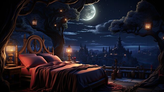 Fairytale bedroom, large window with landscape, visible white moonlight, fantastic style