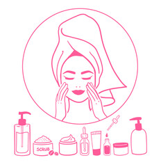 Woman with hair towel making her beauty routine in bath in front round mirror with cream bottles. Line art vector illustration in pink colors