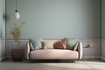 Contemporary couch in soft colors against a plain backdrop. Generative AI