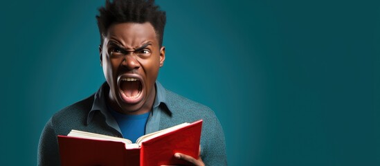 Furious young African American man reading with anger shouting and looking up