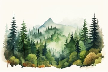 Illustration of forest trees in watercolor. Mountain landscape with woodland pine trees and lush green forest. Generative AI