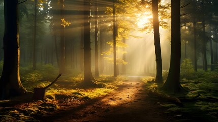 Panoramic view of a beautiful forest at sunrise. Sun rays through the trees