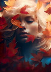 Fototapeta premium Artistic portrait illustration of a beautiful woman surrounded by autumn flowers. Surrealistic image of a stunning dreamy woman in digital artwork.