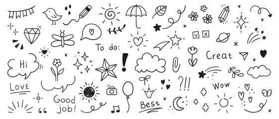 Cute Doodle pen line elements. Heart, bubble, doodle, arrow, star, icon, shiny ornaments set. Simple drawing in line style sketch, attention, lettering, text, pattern elements. Vector illustration.