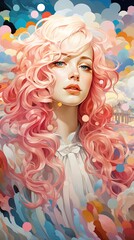 Modern painting of a young woman with Nordic features with pink hair.
