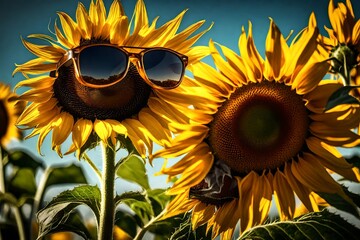 A beautiful Sunflower is having fun in the sun wearing a sunglass. Which will give you a feel good vibe. 