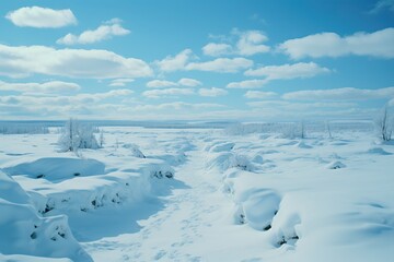 Fototapeta na wymiar Vast snowy landscape stretches under a bright blue sky with fluffy clouds