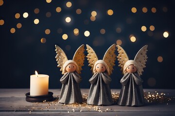 Three angelic figurines with shimmering golden wings stand gracefully beside a glowing candle against a bokeh backdrop