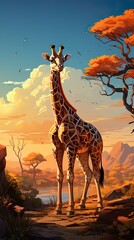 Digital art of a giraffe in its natural environment.