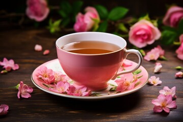 Fototapeta na wymiar A soothing moment with a hot cup of Jasmine Rose Tea amidst fresh flowers on an old wooden table