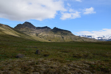 Fototapeta premium Wanderung im Nationalpark Skaftafell und Vatnajökull im südosten von Island mit seinen Flechten und Moosen, Hochebene und Felsen ein Wanderparadies.