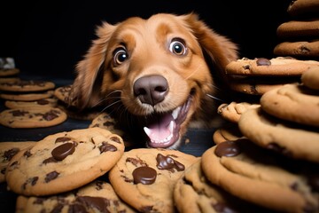 Excited dog with wide eyes tempted by an array of chocolate chip cookies - obrazy, fototapety, plakaty