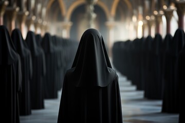 Solitary nun stands amidst rows of veiled figures in serene cathedral setting - obrazy, fototapety, plakaty