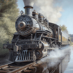 Naklejka premium Vintage steam locomotive standing on the rails