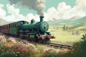 Fototapeta na wymiar Picture of a train in the wild west. The locomotive travels among fields and flowers. illustration.