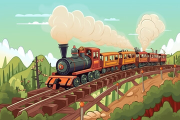 Cartoon illustration of a train on a railway. The locomotive travels among fields and flowers. - obrazy, fototapety, plakaty