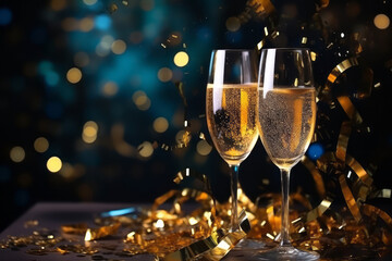Two glasses of champagne with lights bokeh.